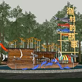 Wooden Boat Shaped Landscape Sculpture with Fishing Village Story and Fish Decorations Surrounded by Trees
