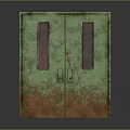 Rusted Green Double Door Cabinet Furniture With Red Mesh Glass Panels And Metal Handles