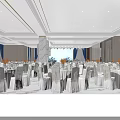 Elegant Banquet Hall With Marble Floor White Tables And Blue Curtains