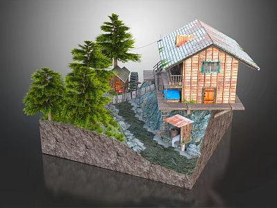 Cartoon Scene With Wooden Cabin Pine Trees Stream And Rocky Terrain 3d model