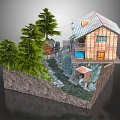 Cartoon Scene With Wooden Cabin Pine Trees Stream And Rocky Terrain