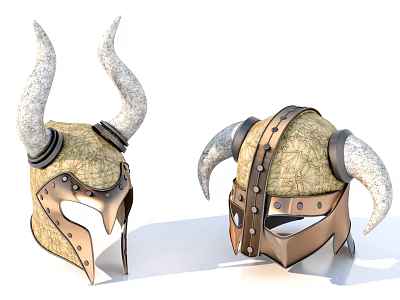 Viking Style Horned Helmets With Decorative Patterns And Metal Rivets 3d model