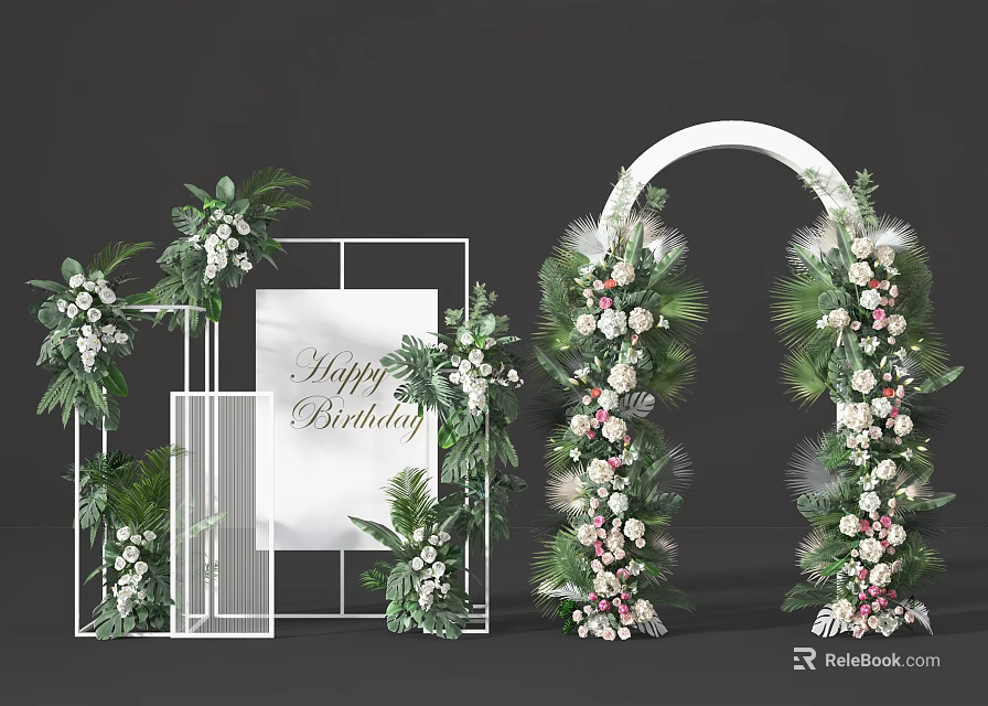 Floral Installation for Birthday Celebration With White Arch Geometric Frames Green Plants And Colorful Blooms 3d model 