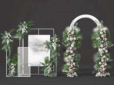 Floral Installation for Birthday Celebration With White Arch Geometric Frames Green Plants And Colorful Blooms 3d model