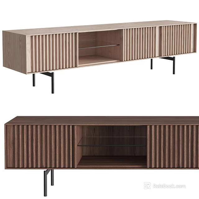 Modern Wooden TV Stand With Vertical Striped Panels Open Shelves And Black Metal Legs 3d model 