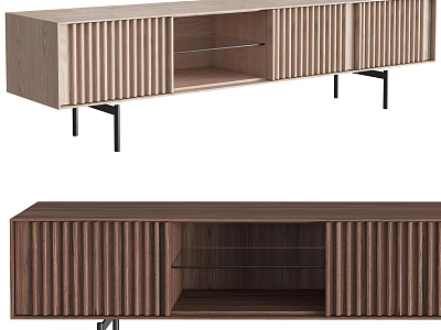 Modern Wooden TV Stand With Vertical Striped Panels Open Shelves And Black Metal Legs 3d model