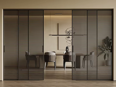 Black Louvered Sliding Doors in Modern Interior Reveal Dining Space with Table Chairs Artwork Plants 3d model