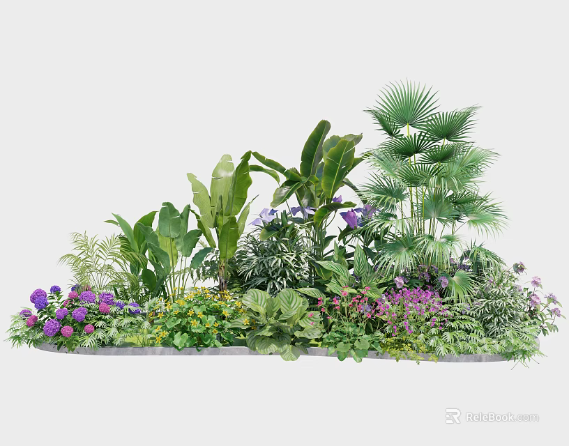 Beautiful Plant Combination With Various Green Plants Purple Flowers And Layered Foliage 3d model 