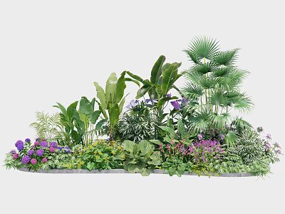Beautiful Plant Combination With Various Green Plants Purple Flowers And Layered Foliage 3d model