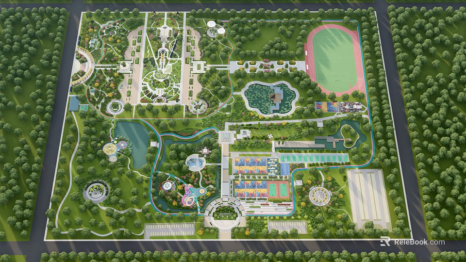 Aerial View Planning of Community Park with Green Spaces Lakes Walking Paths and Sports Areas 3d model 