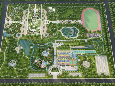 Aerial View Planning of Community Park with Green Spaces Lakes Walking Paths and Sports Areas 3d model