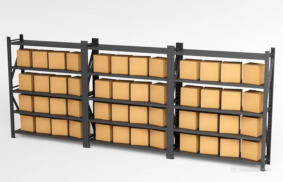 Sturdy Black Metal Display Shelves With Multiple Layers Holding Cardboard Boxes In Warehouse 3d model 