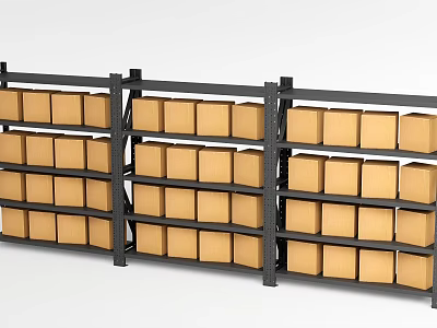 Sturdy Black Metal Display Shelves With Multiple Layers Holding Cardboard Boxes In Warehouse 3d model
