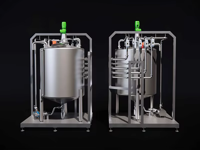 Stainless Steel Industrial Storage Tanks with Metal Frames and Pipe Systems 3d model