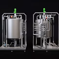 Stainless Steel Industrial Storage Tanks with Metal Frames and Pipe Systems