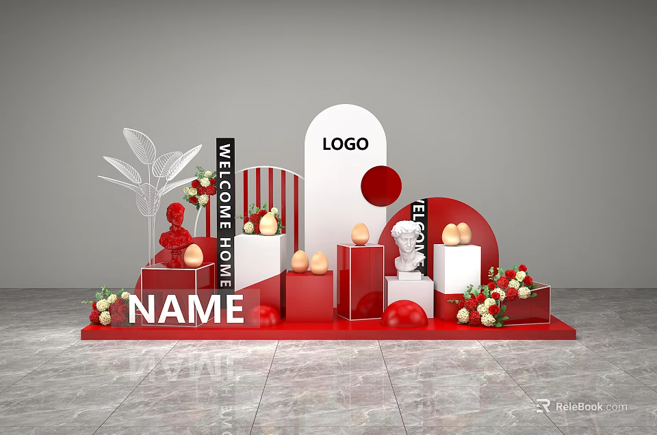 Welcome Home Event Display With Red White Decor Logo And Name Setup 3d model