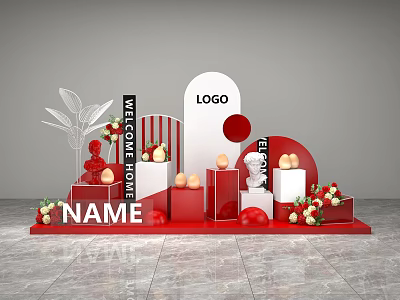 Welcome Home Event Display With Red White Decor Logo And Name Setup 3d model