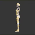 Futuristic Female Robot Game Movie Character with Gold and Silver Metallic Armor and Arms Outstretched