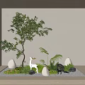 Natural Modern Indoor Landscape With Tree Deer Figurine Green Plants Round Lamps And Pebbles