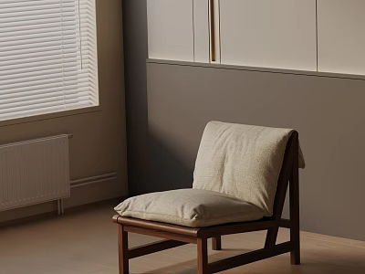 Modern Minimalist Lounge Chair With Wooden Frame And Beige Fabric Cushion In Interior Space 3d model
