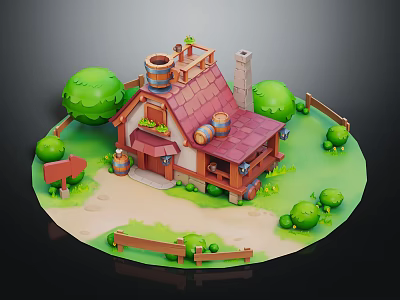 Whimsical Cartoon Cottage With Red Roof Chimney Barrels Green Shrubs And Wooden Fence 3d model