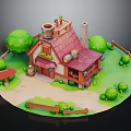 Whimsical Cartoon Cottage With Red Roof Chimney Barrels Green Shrubs And Wooden Fence