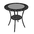 Black Woven Rattan Coffee Table With Round Top Openwork Lower Shelf And Silver Foot Pads