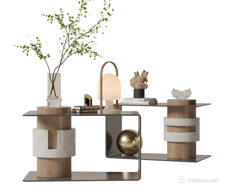 Modern Wooden and Metal Side Table with Vase Lamp Bunny Ornaments and Green Plant 3d model 