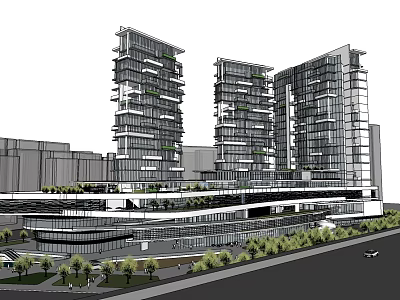 Modern High Rise Office Building Complex With Landscaped Areas And Connected Structures 3d model
