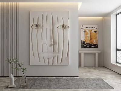 Abstract Painting With Sculptural Face In Modern Interior White Wall Gray Rug And Natural Light 3d model