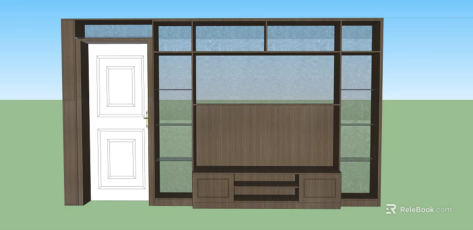 Modern Wooden TV Cabinet With Glass Doors And Open Shelves Storage Design 3d model 
