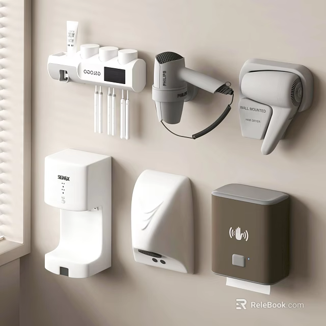 Modern Wall Mounted Bathroom Accessories Including Toothbrush Holder Hair Dryer Soap Dispenser And Hand Dryer 3d model 