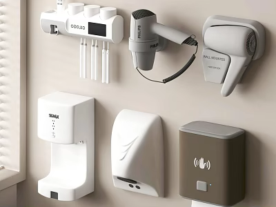 Modern Wall Mounted Bathroom Accessories Including Toothbrush Holder Hair Dryer Soap Dispenser And Hand Dryer 3d model