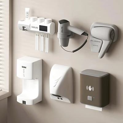 Modern Wall Mounted Bathroom Accessories Including Toothbrush Holder Hair Dryer Soap Dispenser And Hand Dryer 3d model