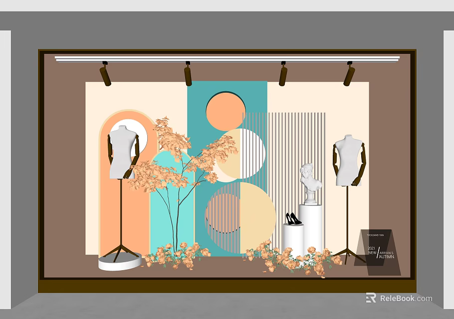 Window Display With Mannequins Orange Green Plants Geometric Patterns And Decorations 3d model 