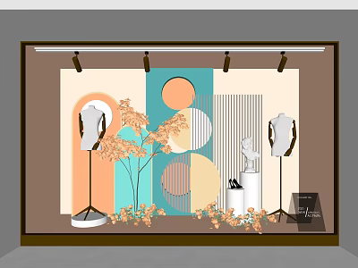 Window Display With Mannequins Orange Green Plants Geometric Patterns And Decorations 3d model