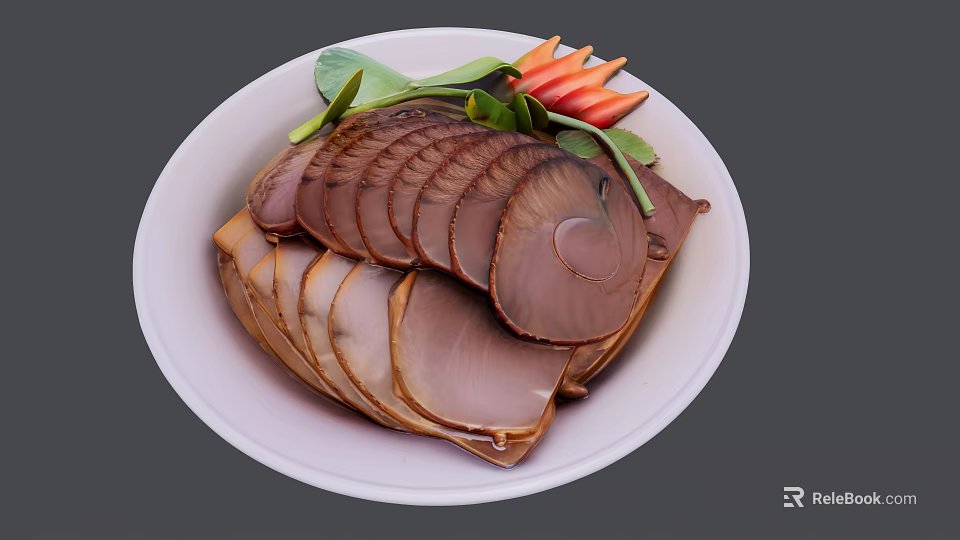 Delicious Sliced Braised Meat Served On White Plate With Green Leaves And Red Carrot Strips 3d model 