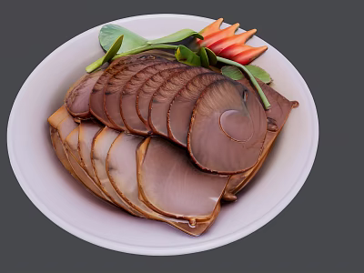 Delicious Sliced Braised Meat Served On White Plate With Green Leaves And Red Carrot Strips 3d model