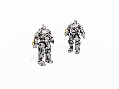 Two Silver Mech Game Movie Characters Standing With Metallic Armor And Pose 3d model