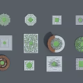 Assorted Shaped Tree Grates With Green Centers And Wooden White Borders 3d model