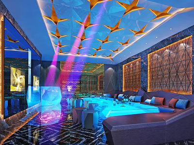 KTV Modern Luxury Interior With Gold Geometric Ceiling Purple Blue Lighting And Sofas 3d model