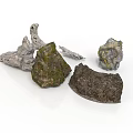 Natural Wood and Stone Pieces with Mossy Surfaces and Rough Textures