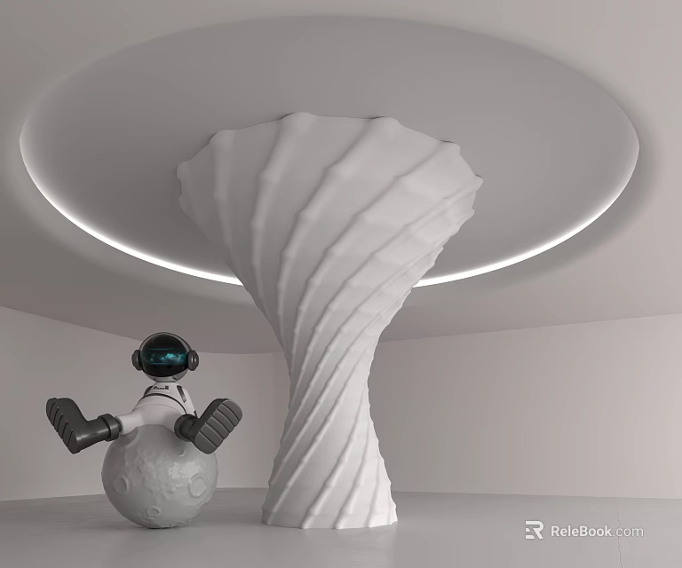 White Spiral Column In Minimalist Room With Astronaut And Planet Model 3d model 