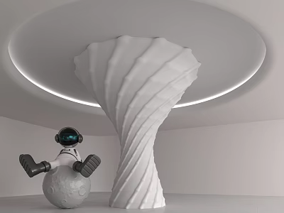 White Spiral Column In Minimalist Room With Astronaut And Planet Model 3d model