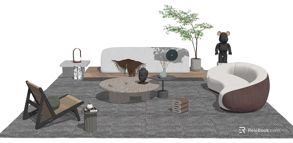 Modern Living Room White Sofa With Round Stone Coffee Table Green Plant And Decorative Items 3d model 