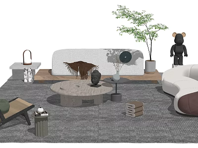 Modern Living Room White Sofa With Round Stone Coffee Table Green Plant And Decorative Items 3d model