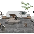 Modern Living Room White Sofa With Round Stone Coffee Table Green Plant And Decorative Items