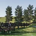 Park Landscape with Wooden Bridge Person Sitting on Bench Green Trees and Purple Flowers