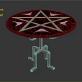 Round Table With Red Tabletop Featuring White Pentagram Pattern And Silver Metal Legs