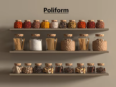 Poliform Spice Jars With Cork Lids On Multi Layer Kitchen Shelves 3d model